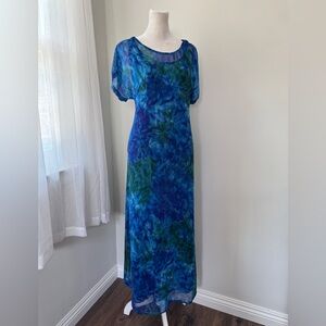 Vintage Y2K Kloz Lyne Royal Blue & Dark Green Abstract Print Layered Maxi Dress